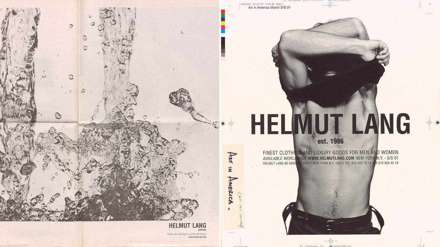 CAMPAIGNS and ADVERTISMENTS Helmut Lang Parfums supplement The New York Times photography by Larry Larimer PLUS CAMPAIGNS and ADVERTISMENTS Helmut Lang test print advertisement Art in America Collection Hommes Femmes Seance de Travail Ete 01