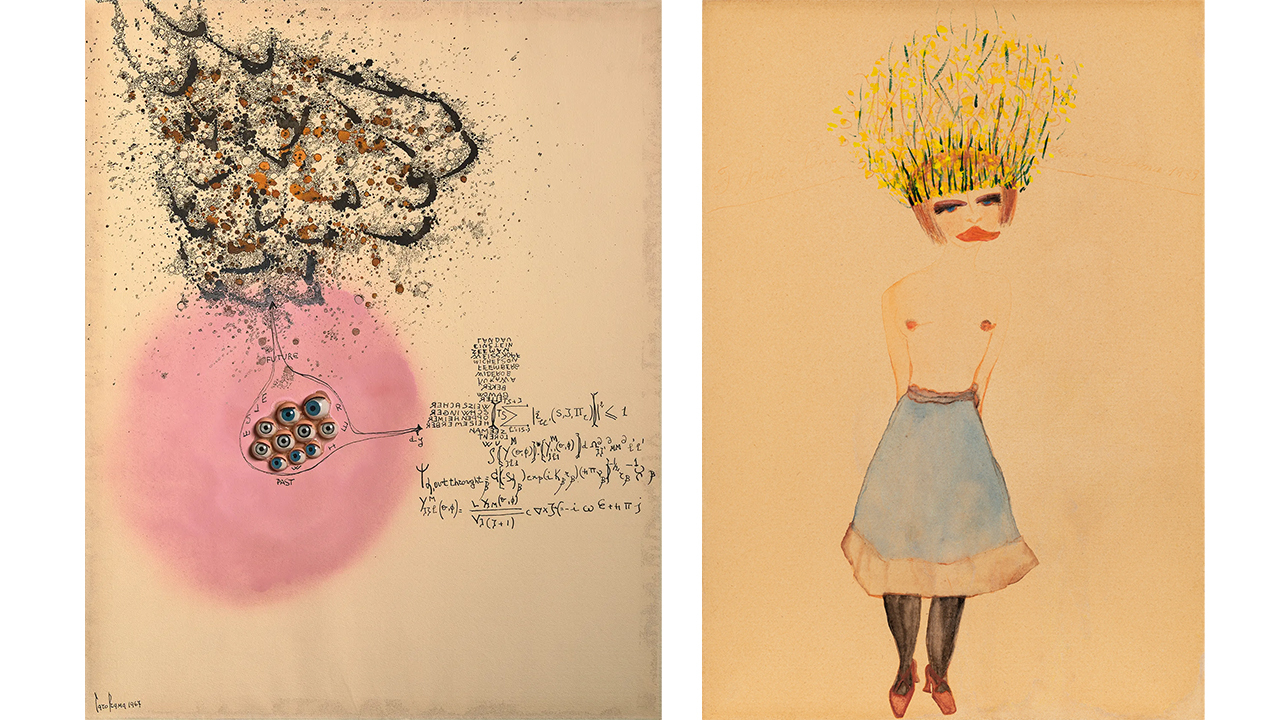 Carol Rama links Ohne Titel 1965 rechts I due Pini Appassionata La signora Macor 1939 Cr 2025 Archivio Carol Rama Torino