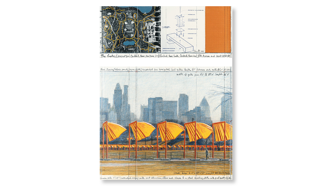Christo und Jean Claude The Gates Project for Central Park New York City 2003 Collage mit Bleistift Kohle Pastell Wachskreide Offset Lithografie Textil und Lack auf Karton ca 305 x 665 x 775 cm VG Bild Kunst Bonn 2026
