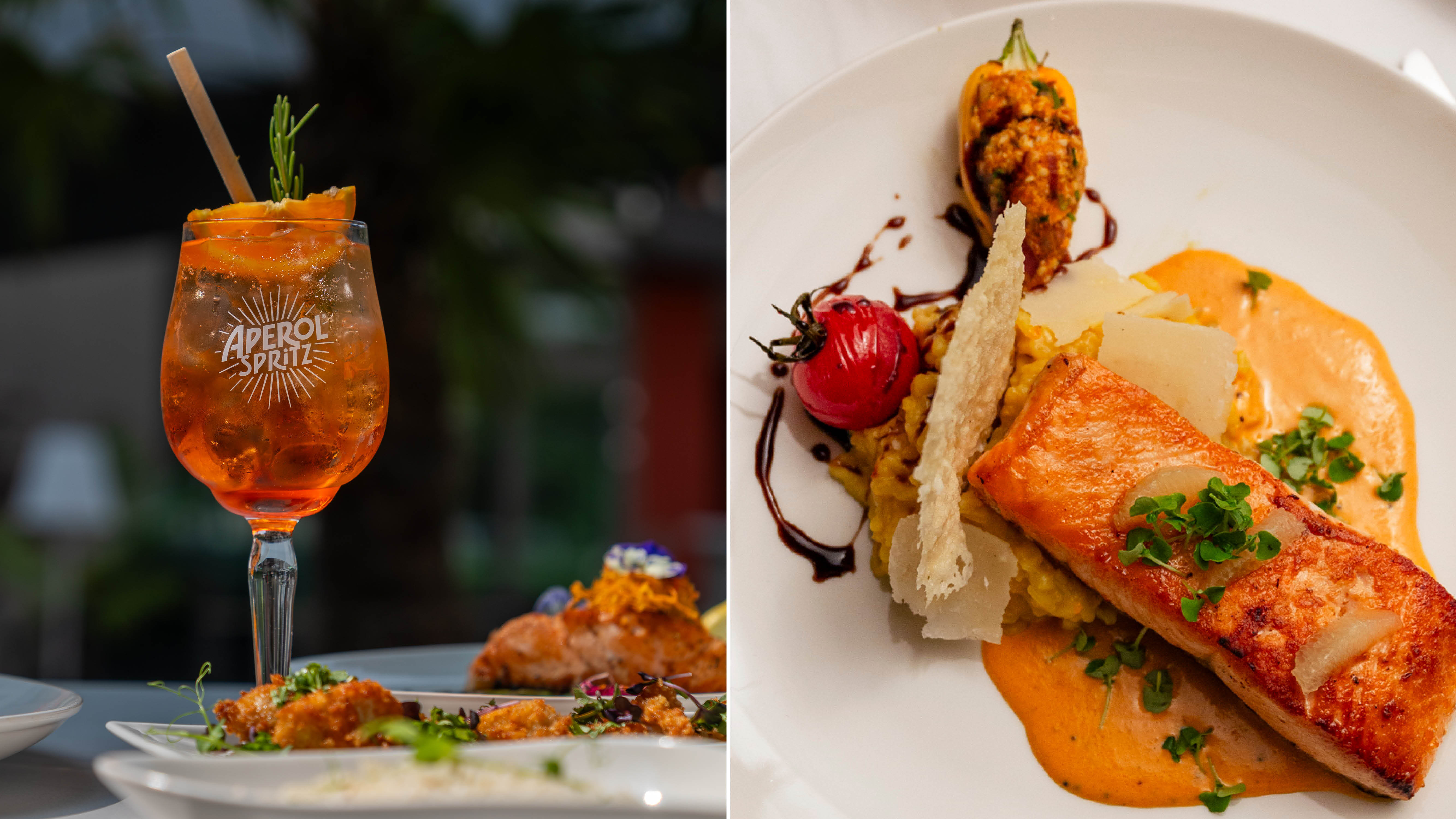 Aperol Spritz und gegrillter Lachs mit Risotto vom Restaurant Hari 1090 by Kumar’s Kitchen