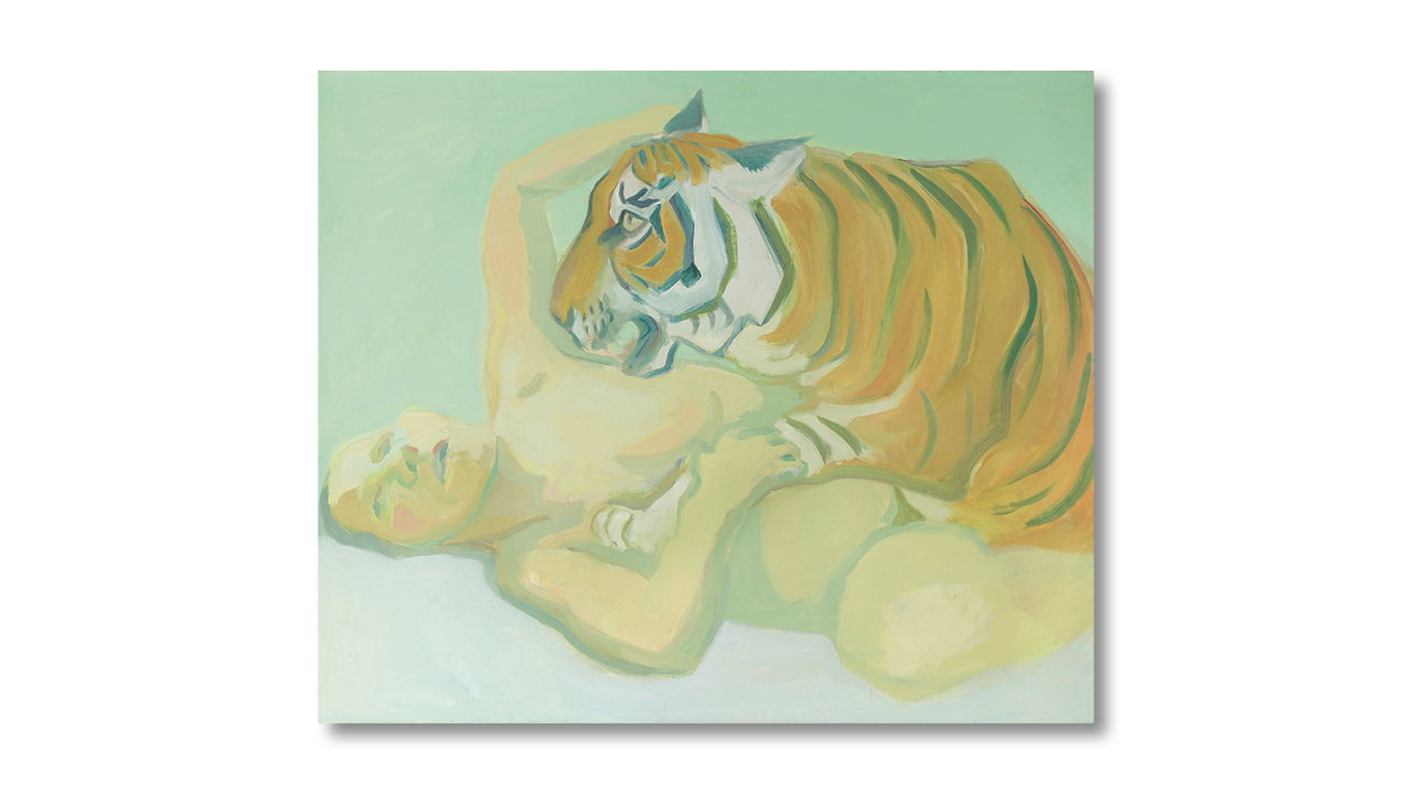 Lassnig mit einem Tiger schlafen