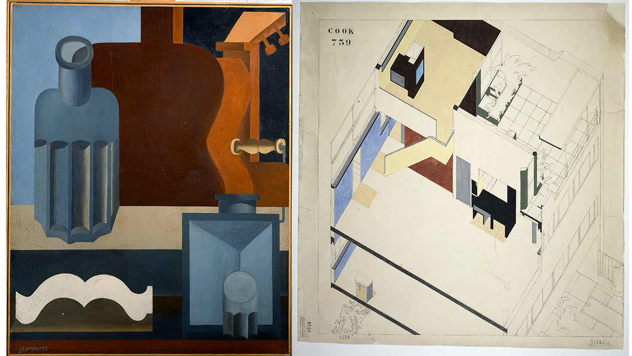 Le Corbusier links Guitare verticale 1ere version um 1920 recht Axonometrie des Maison Cook 1926 Cr 2025 FLC Pro Litteris Zurich